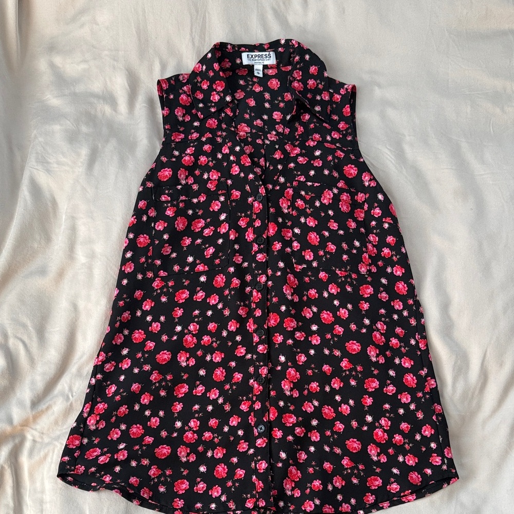 Express Black Sleeveless Blouse with Pink Floral Pattern